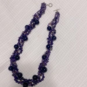 Natural chunky stone, amethyst, and quartz necklace with silver tone clasp